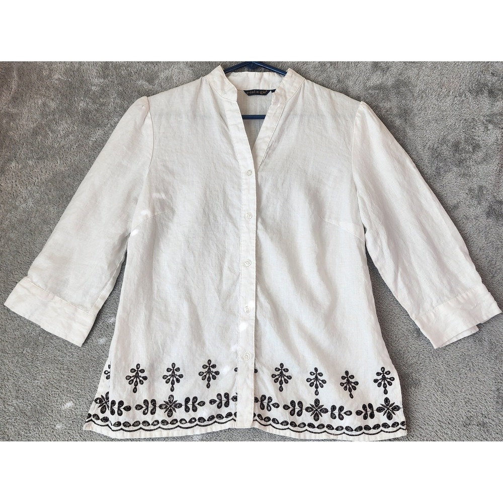 Ecologie Shirt Womens Small White 100% Linen Embroidered Hem 3/4 Sleeve Top